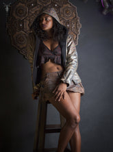 Faux Leather Printed Warm Hooded Jacket